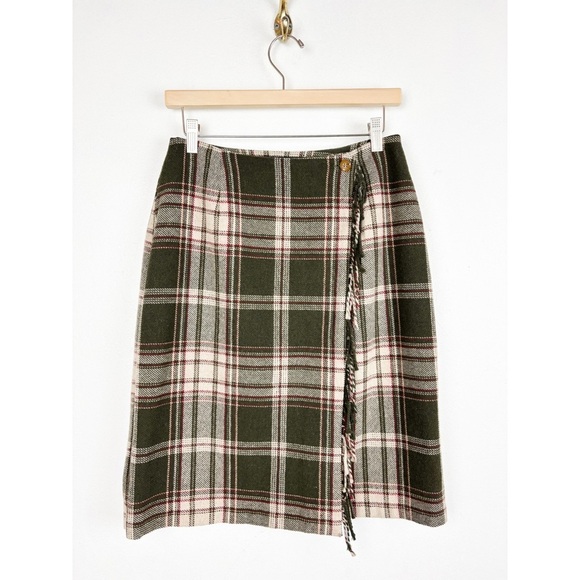 Vintage 90s Bice by Sag Harbor Green Plaid Wool Blend Knee Length Skirt Sz 8 - Picture 1 of 9